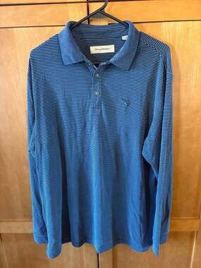 Tommy Bahama Men's Long Sleeve Striped Polo Shirt Large Blue Modal Blend